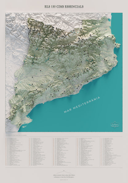 Mapa completo de las 150 cimas esenciales de la FEEC, estilo cartográfico, lámina vertical de 70 × 100 cm.