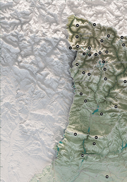 Detalle del Pirineo occidental y Andorra en el mapa de las 150 cimas esenciales, estilo cartográfico, con cimas numeradas.