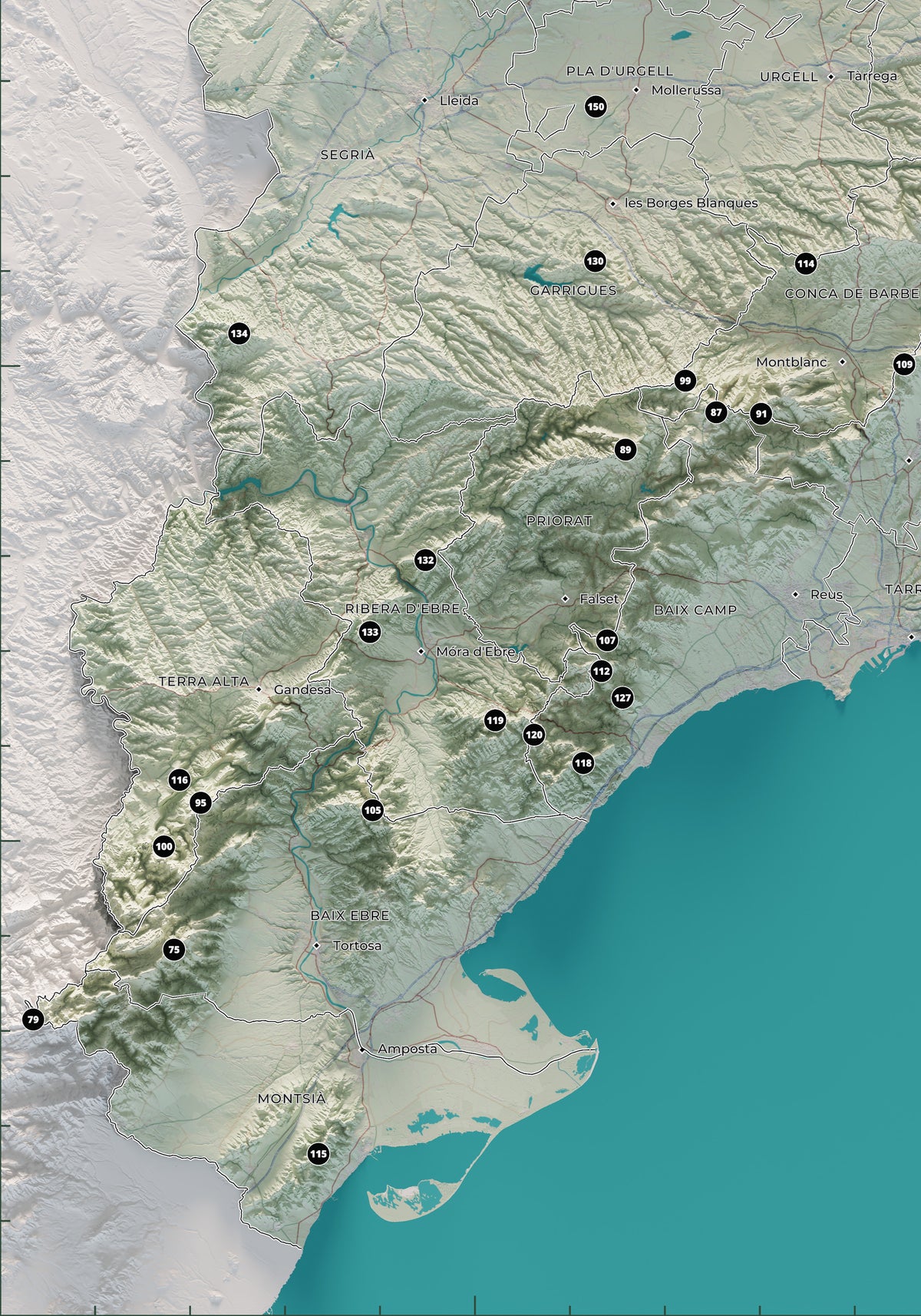 Detalle del sur de Catalunya, Els Ports y el delta del Ebro en el mapa de las 150 cimas esenciales, estilo cartográfico.