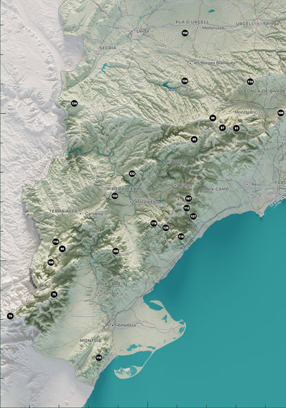 Detalle del sur de Catalunya, Els Ports y el delta del Ebro en el mapa de las 150 cimas esenciales, estilo cartográfico.