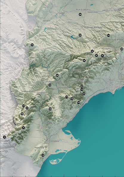 Detalle del sur de Catalunya, Els Ports y el delta del Ebro en el mapa de las 150 cimas esenciales, estilo cartográfico.