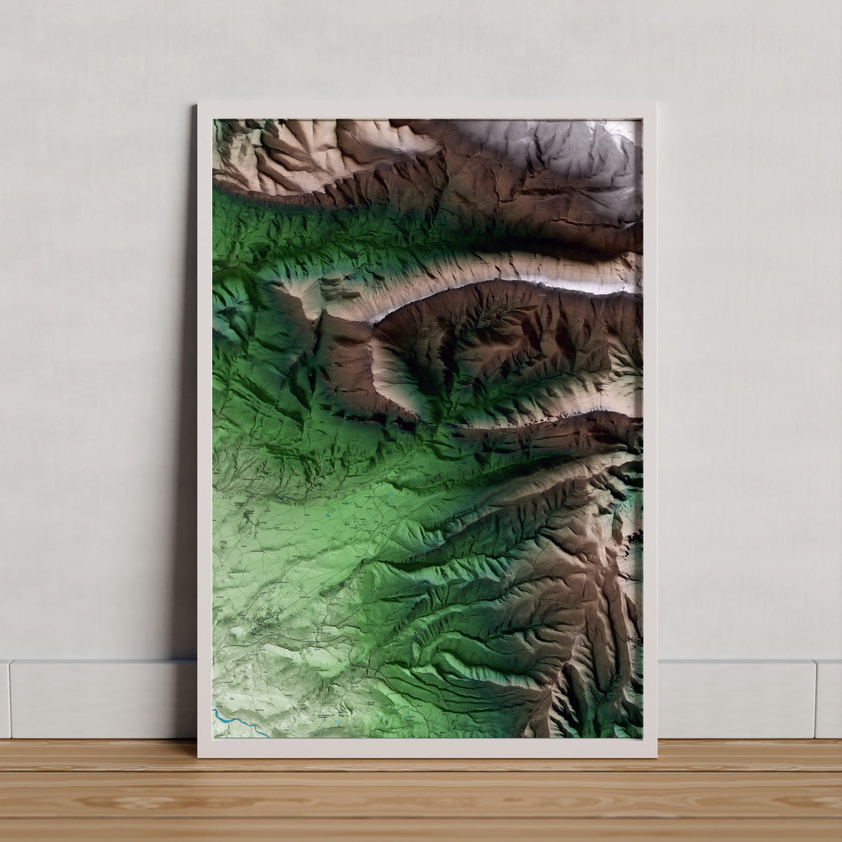 Mapa artístico del relieve de Abella de la Conca, al Pallars Jussà, con 15 km de entorno y base topográfica ICGC. Presentación enmarcada.