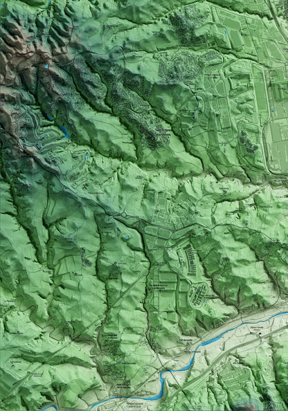 Mapa artístico del relieve de Abrera, al Baix Llobregat, con 15 km de entorno y base topográfica ICGC. Detalle de la zona inferior izquierda.