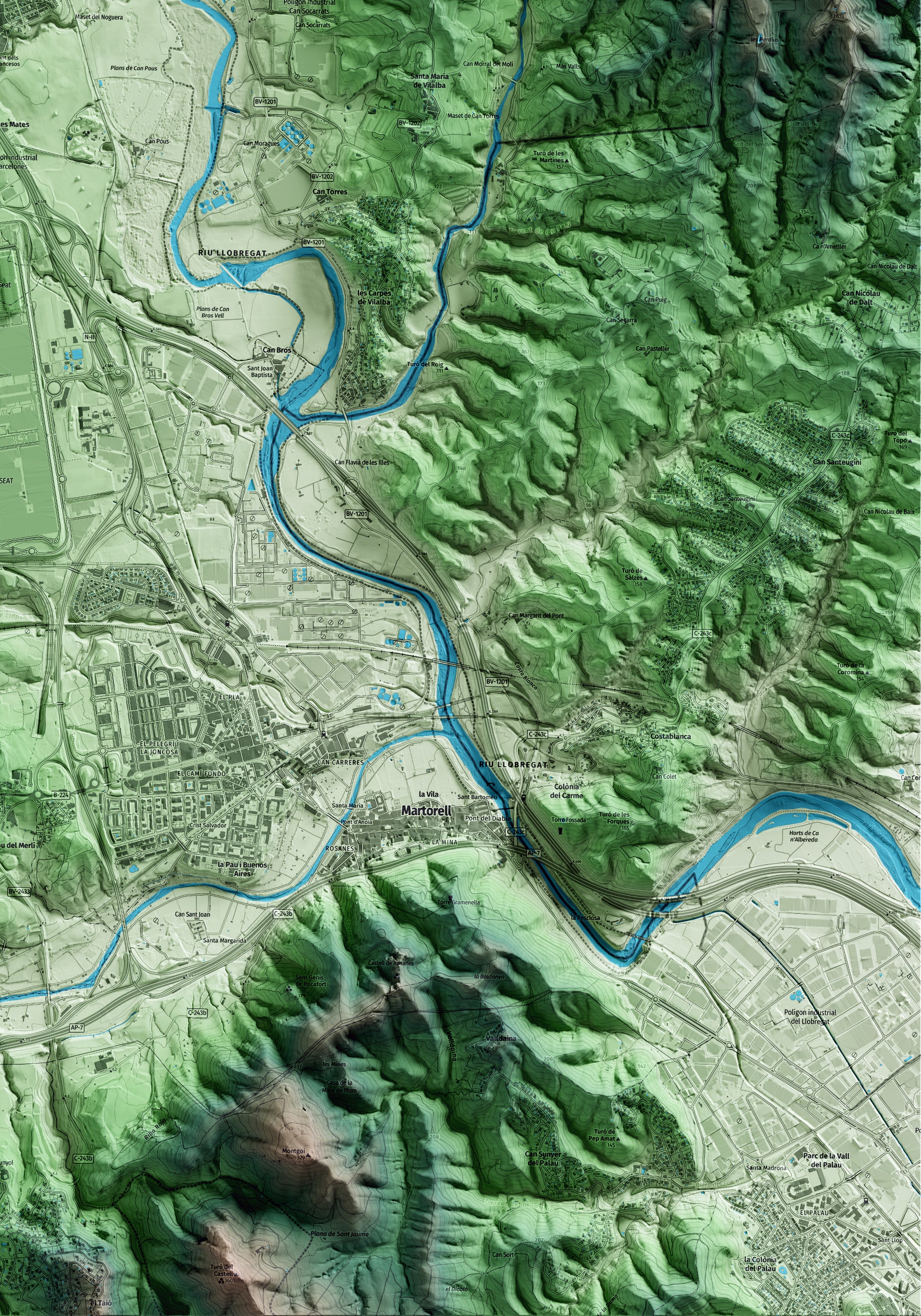 Mapa artístico del relieve de Abrera, al Baix Llobregat, con 15 km de entorno y base topográfica ICGC. Detalle de la zona inferior derecha.