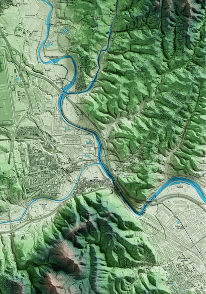 Mapa artístico del relieve de Abrera, al Baix Llobregat, con 15 km de entorno y base topográfica ICGC. Detalle de la zona inferior derecha.