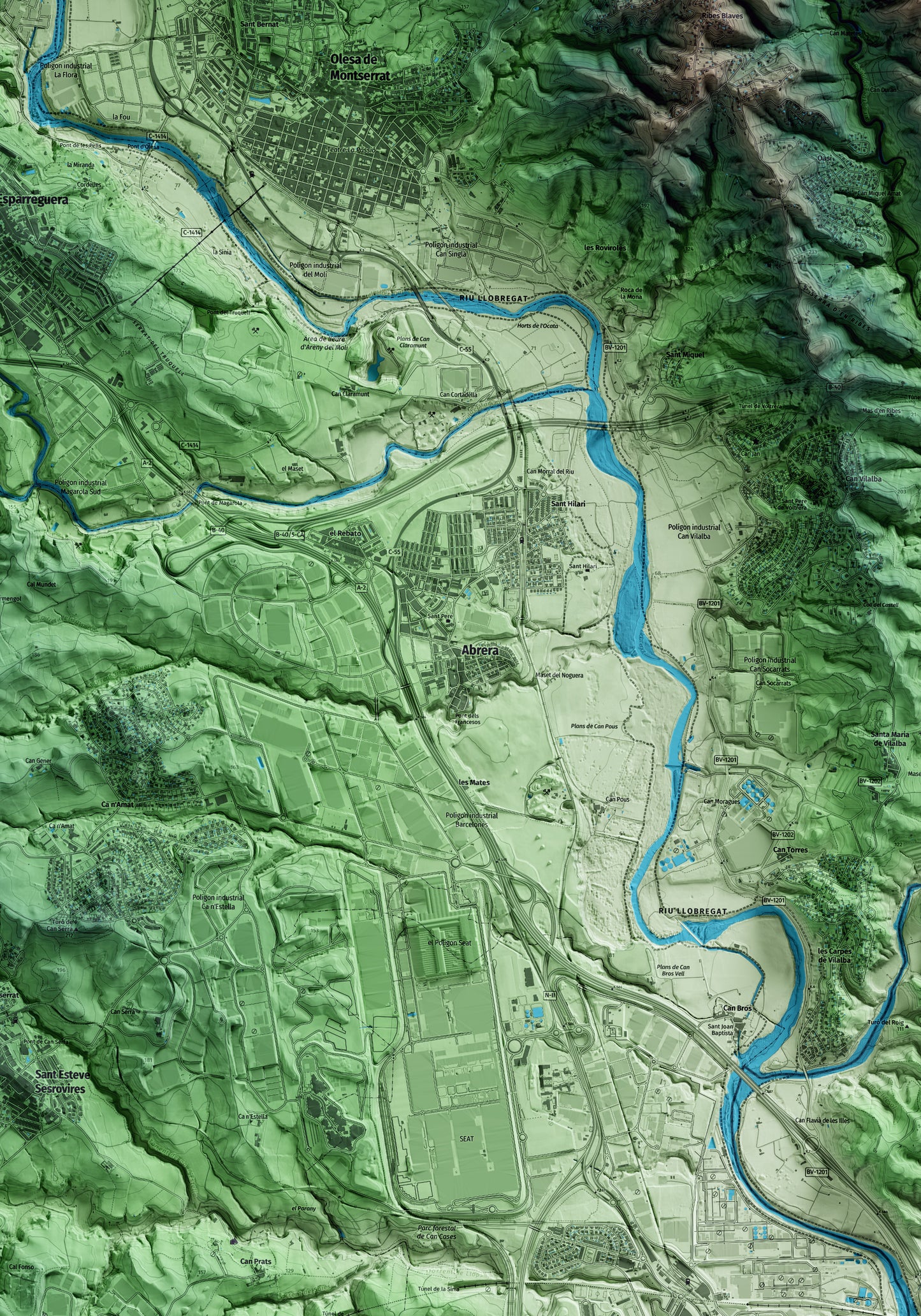 Mapa artístico del relieve de Abrera, al Baix Llobregat, con 15 km de entorno y base topográfica ICGC. Detalle de la zona central.