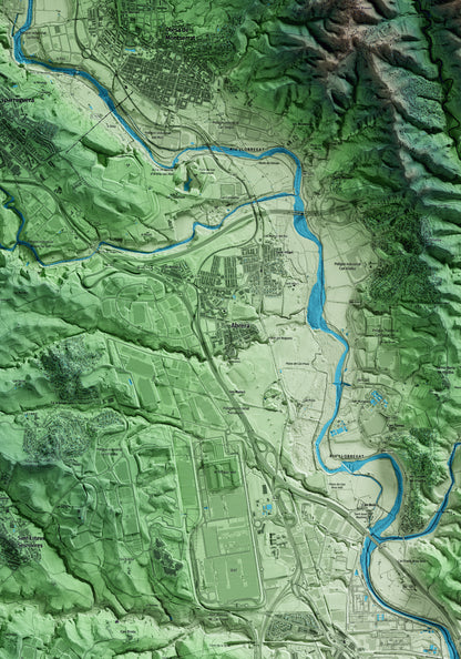 Mapa artístico del relieve de Abrera, al Baix Llobregat, con 15 km de entorno y base topográfica ICGC. Detalle de la zona central.