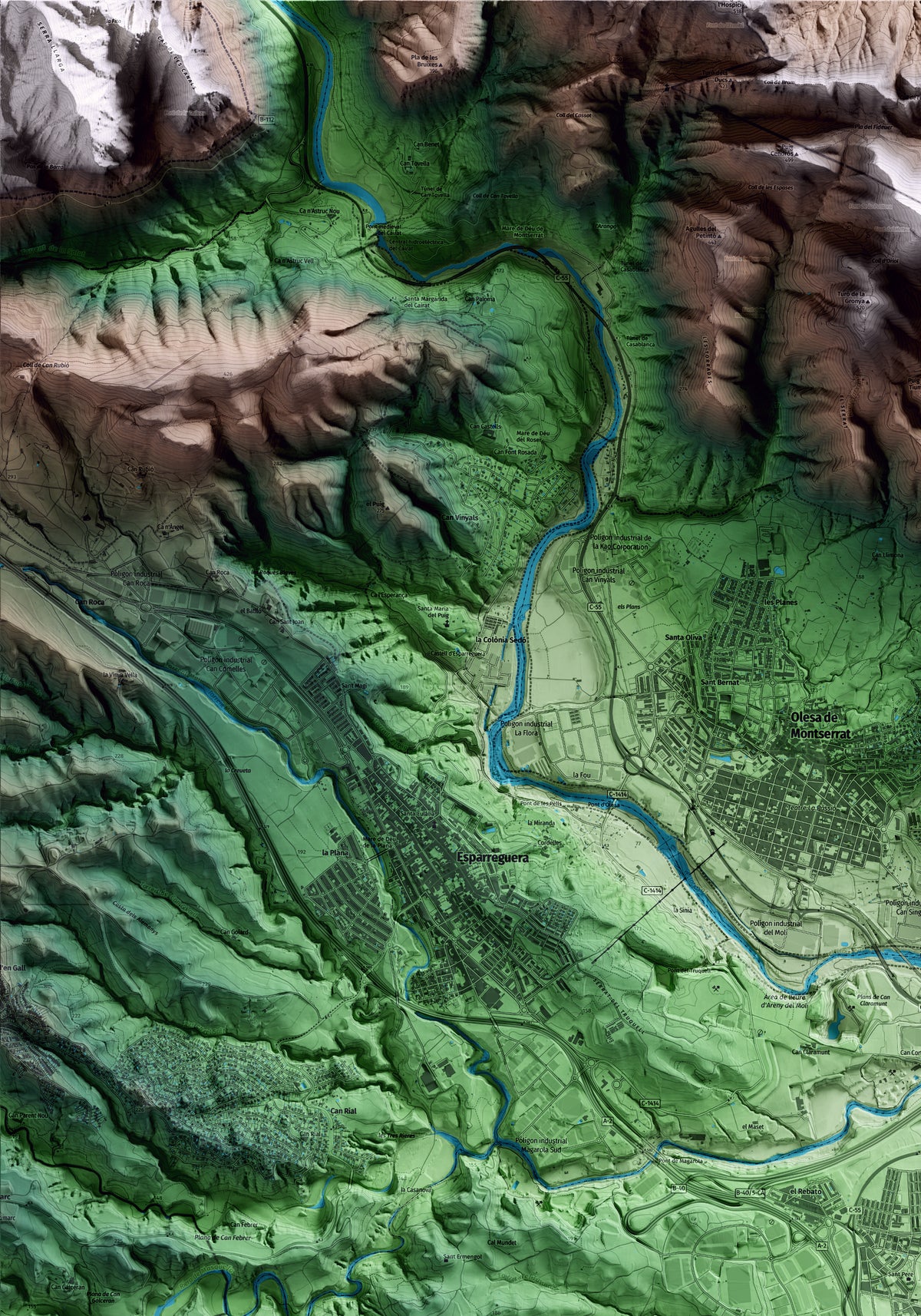 Mapa artístico del relieve de Abrera, al Baix Llobregat, con 15 km de entorno y base topográfica ICGC. Detalle de la zona superior izquierda.