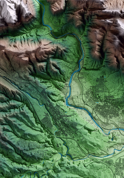 Mapa artístico del relieve de Abrera, al Baix Llobregat, con 15 km de entorno y base topográfica ICGC. Detalle de la zona superior izquierda.