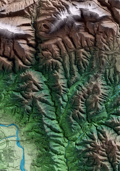 Mapa artístico del relieve de Abrera, al Baix Llobregat, con 15 km de entorno y base topográfica ICGC. Detalle de la zona superior derecha.