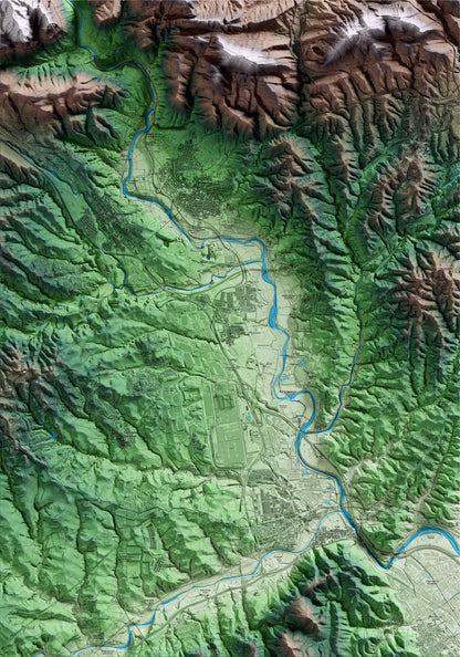Mapa artístico del relieve de Abrera, al Baix Llobregat, con 15 km de entorno y base topográfica ICGC
