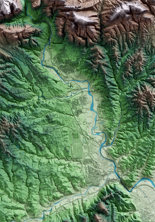 Mapa artístico del relieve de Abrera, al Baix Llobregat, con 15 km de entorno y base topográfica ICGC