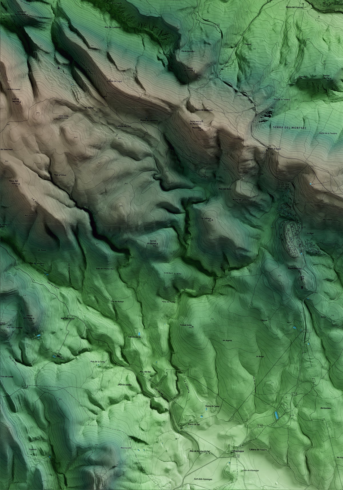 Mapa artístico del relieve de Àger, a la Noguera, con 15 km de entorno y base topográfica ICGC. Detalle de la zona inferior izquierda.