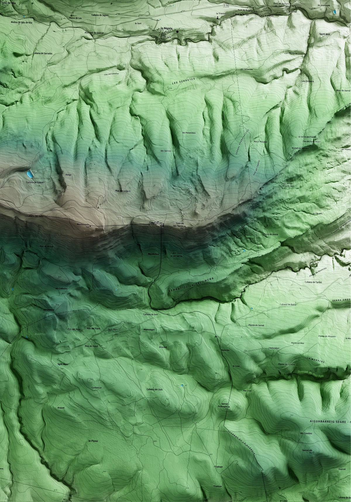 Mapa artístico del relieve de Àger, a la Noguera, con 15 km de entorno y base topográfica ICGC. Detalle de la zona inferior derecha.