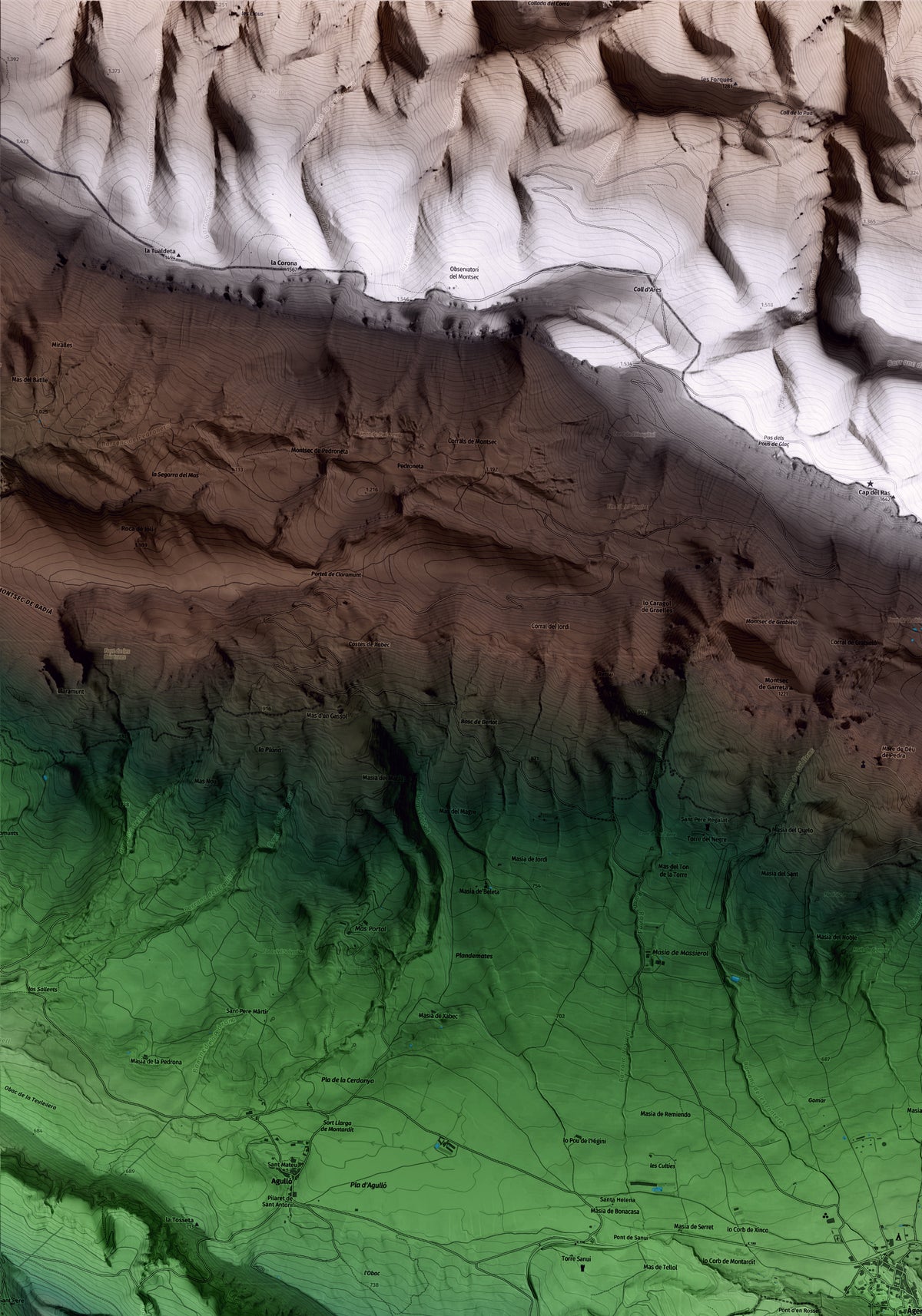 Mapa artístico del relieve de Àger, a la Noguera, con 15 km de entorno y base topográfica ICGC. Detalle de la zona superior izquierda.