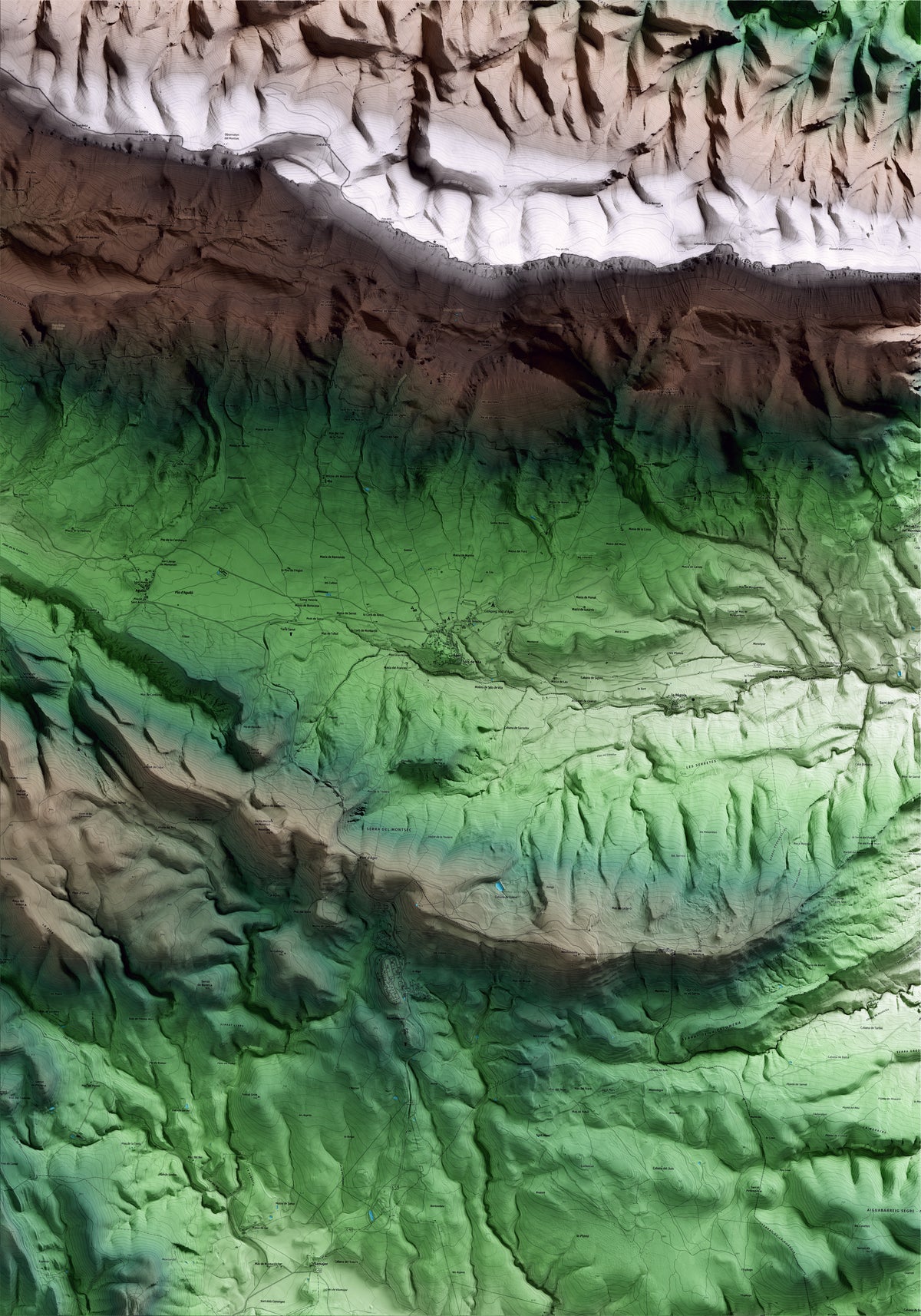 Mapa artístico del relieve de Àger, a la Noguera, con 15 km de entorno y base topográfica ICGC