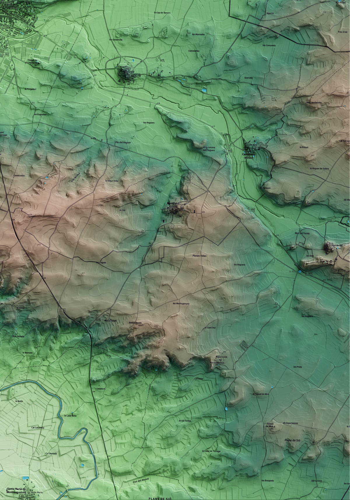 Mapa artístico del relieve de Agramunt, al Urgell, con 15 km de entorno y base topográfica ICGC. Detalle de la zona inferior derecha.