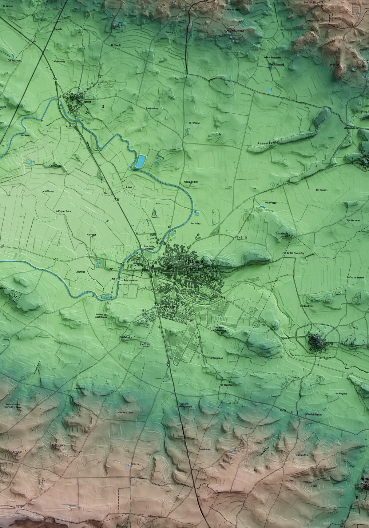 Mapa artístico del relieve de Agramunt, al Urgell, con 15 km de entorno y base topográfica ICGC. Detalle de la zona central.