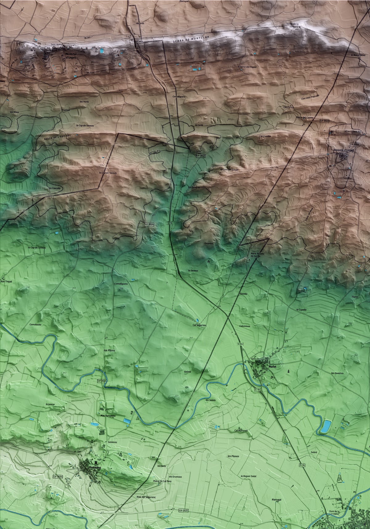 Mapa artístico del relieve de Agramunt, al Urgell, con 15 km de entorno y base topográfica ICGC. Detalle de la zona superior izquierda.
