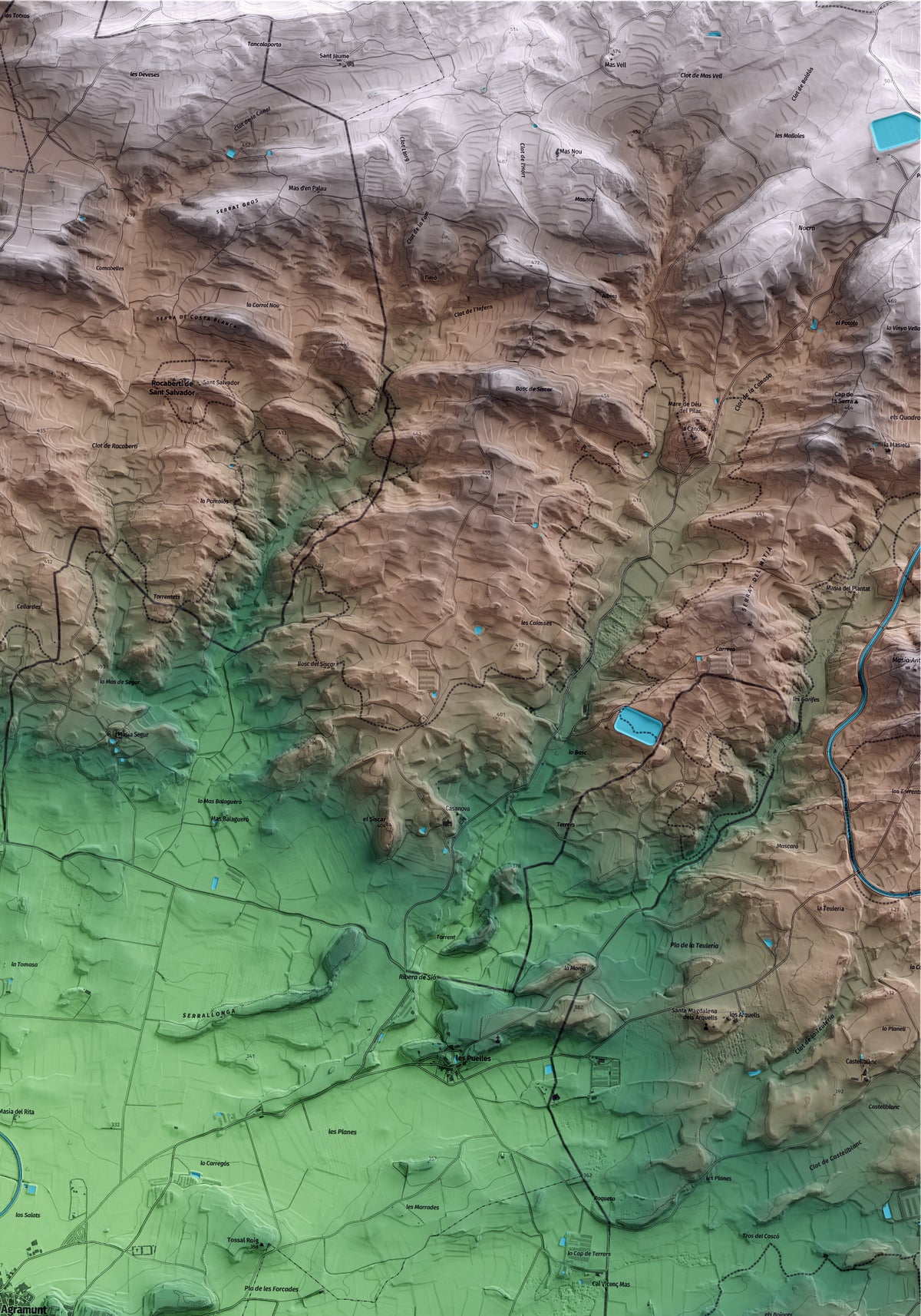 Mapa artístico del relieve de Agramunt, al Urgell, con 15 km de entorno y base topográfica ICGC. Detalle de la zona superior derecha.