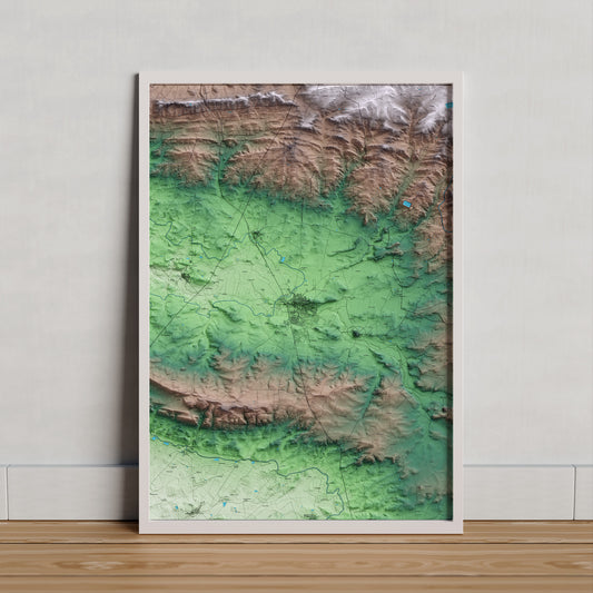Mapa artístico del relieve de Agramunt, al Urgell, con 15 km de entorno y base topográfica ICGC. Presentación enmarcada.