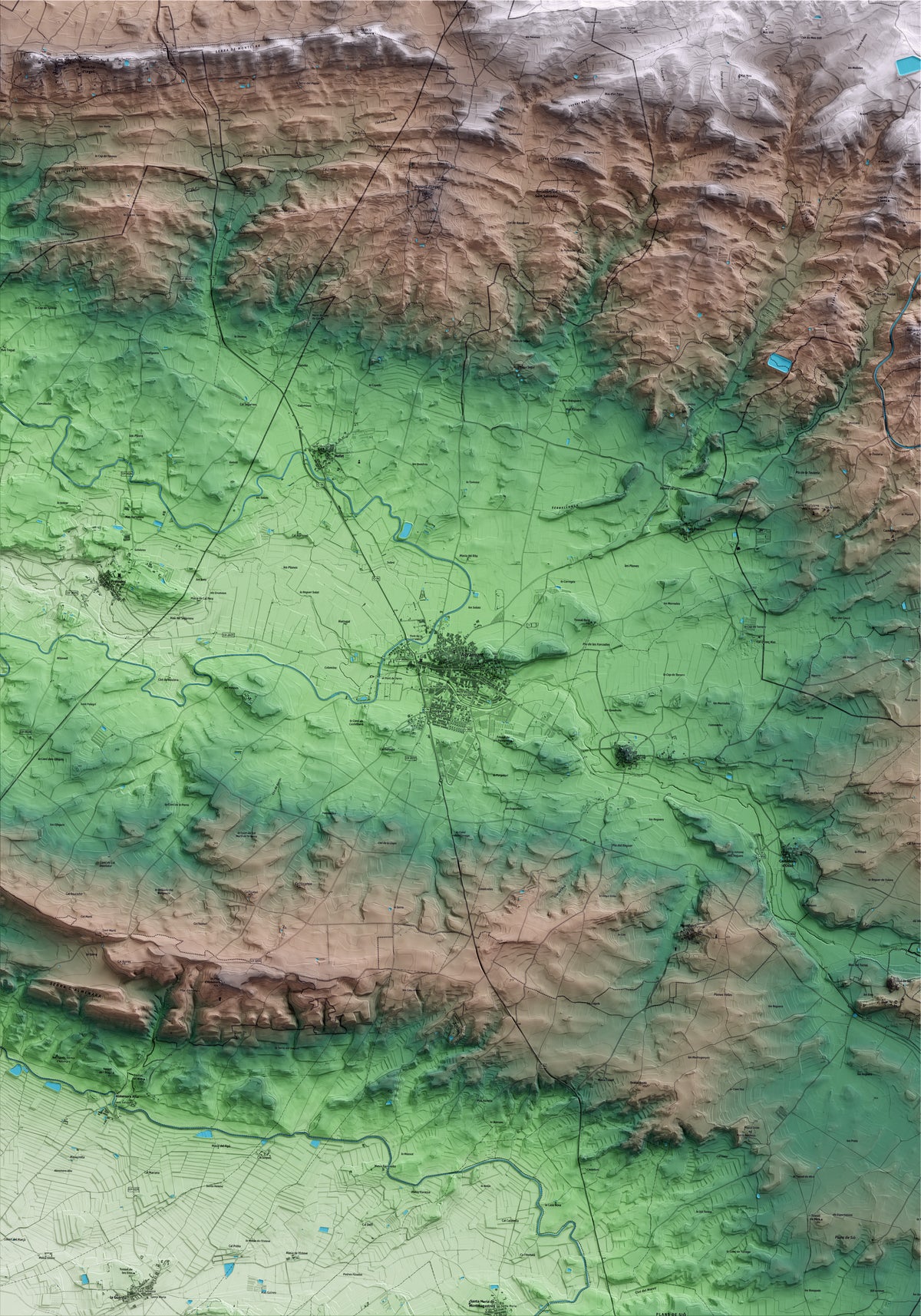 Mapa artístico del relieve de Agramunt, al Urgell, con 15 km de entorno y base topográfica ICGC