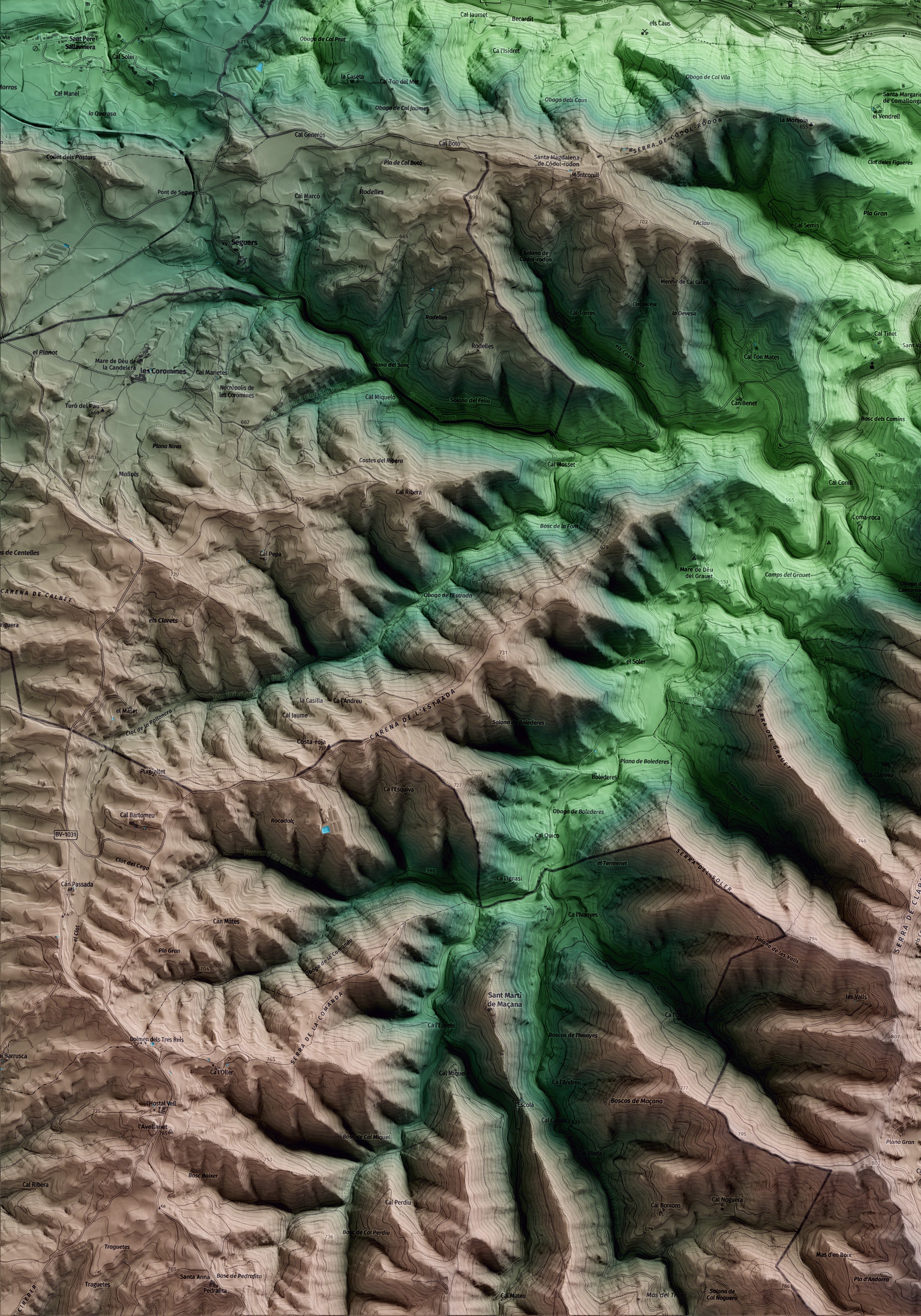 Mapa artístico del relieve de Aguilar de Segarra, al Bages, con 15 km de entorno y base topográfica ICGC. Detalle de la zona inferior izquierda.