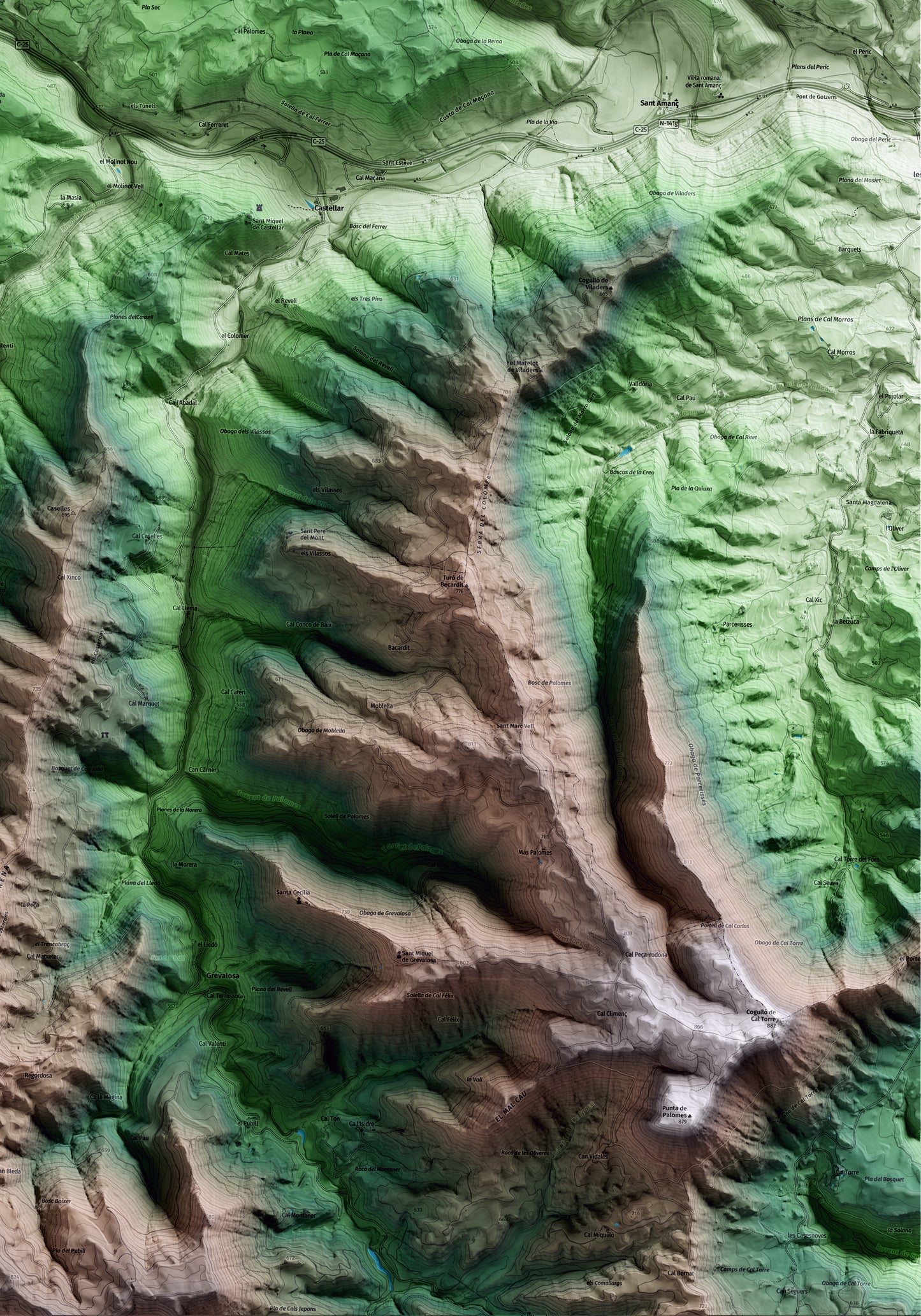 Mapa artístico del relieve de Aguilar de Segarra, al Bages, con 15 km de entorno y base topográfica ICGC. Detalle de la zona inferior derecha.