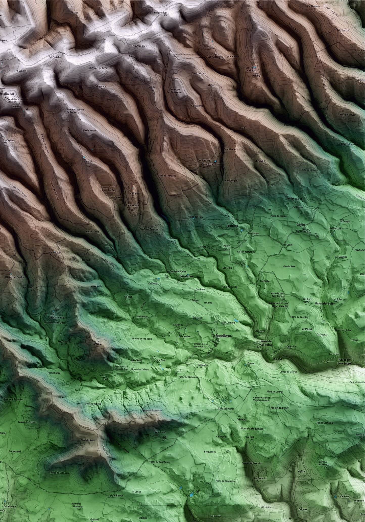 Mapa artístico del relieve de Aguilar de Segarra, al Bages, con 15 km de entorno y base topográfica ICGC. Detalle de la zona superior derecha.