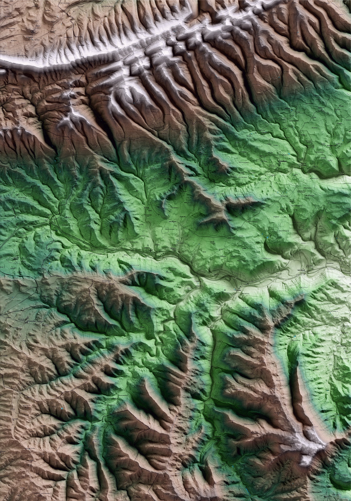 Mapa artístico del relieve de Aguilar de Segarra, al Bages, con 15 km de entorno y base topográfica ICGC