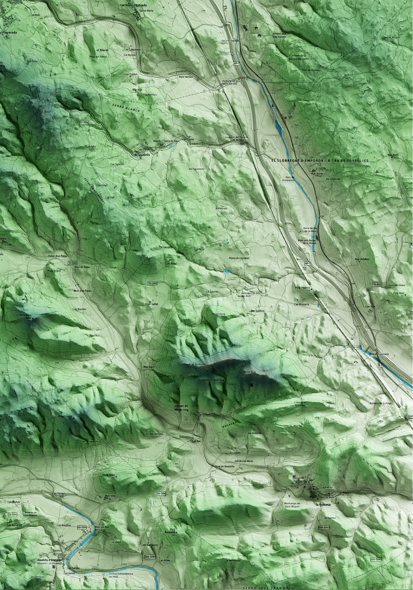 Mapa artístico del relieve de Agullana, al Alt Empordà, con 15 km de entorno y base topográfica ICGC. Detalle de la zona inferior derecha.