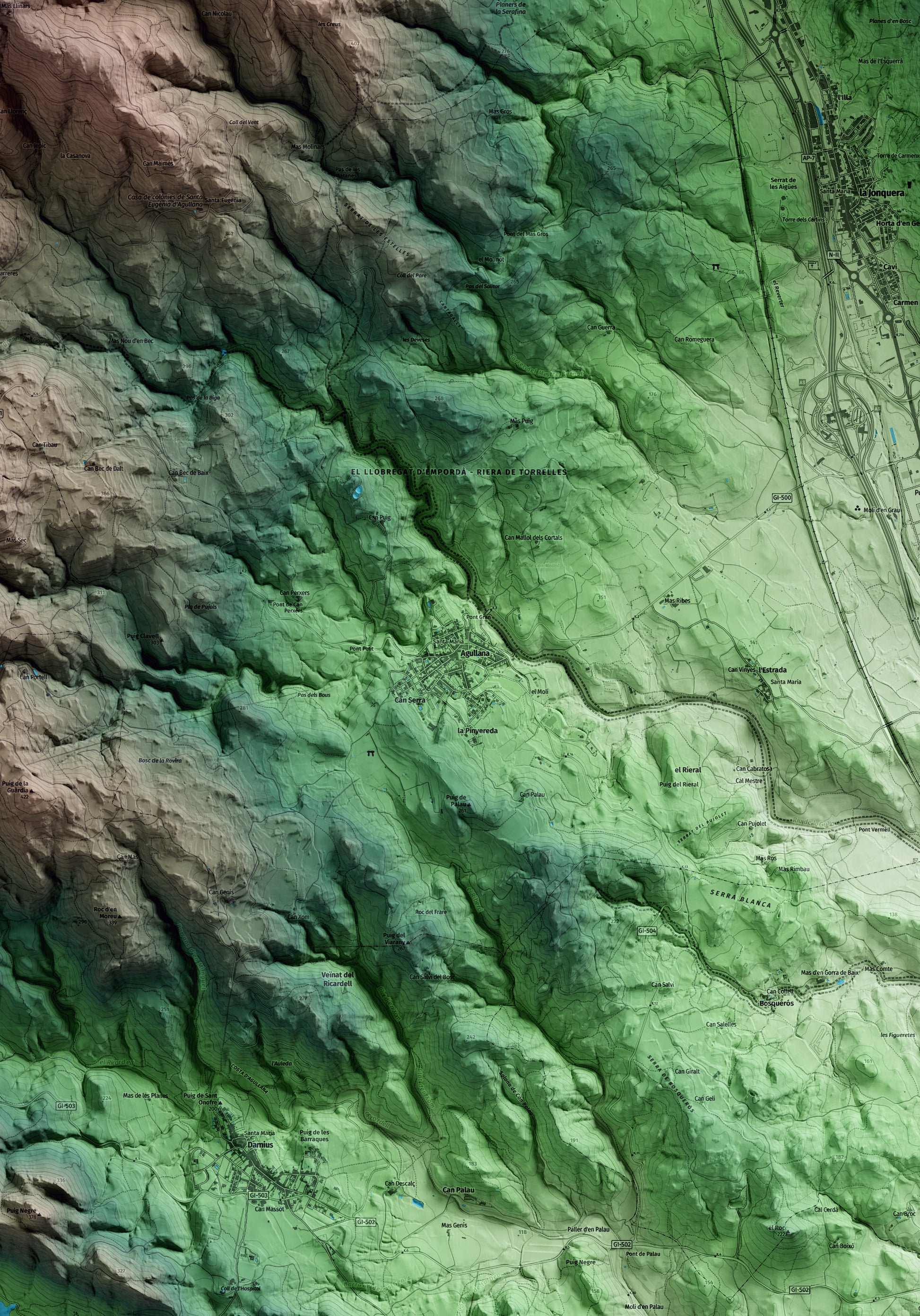 Mapa artístico del relieve de Agullana, al Alt Empordà, con 15 km de entorno y base topográfica ICGC. Detalle de la zona central.