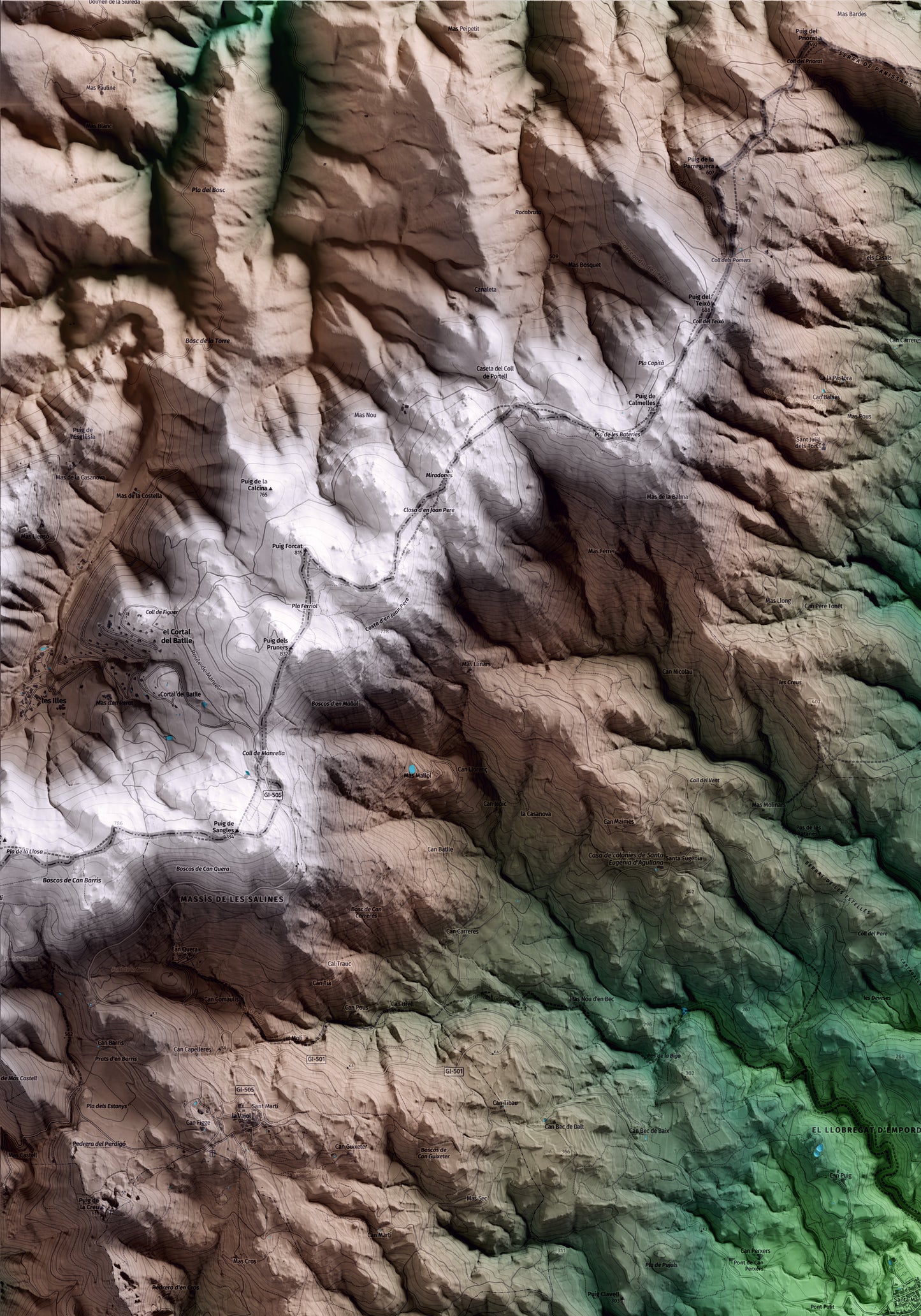 Mapa artístico del relieve de Agullana, al Alt Empordà, con 15 km de entorno y base topográfica ICGC. Detalle de la zona superior izquierda.