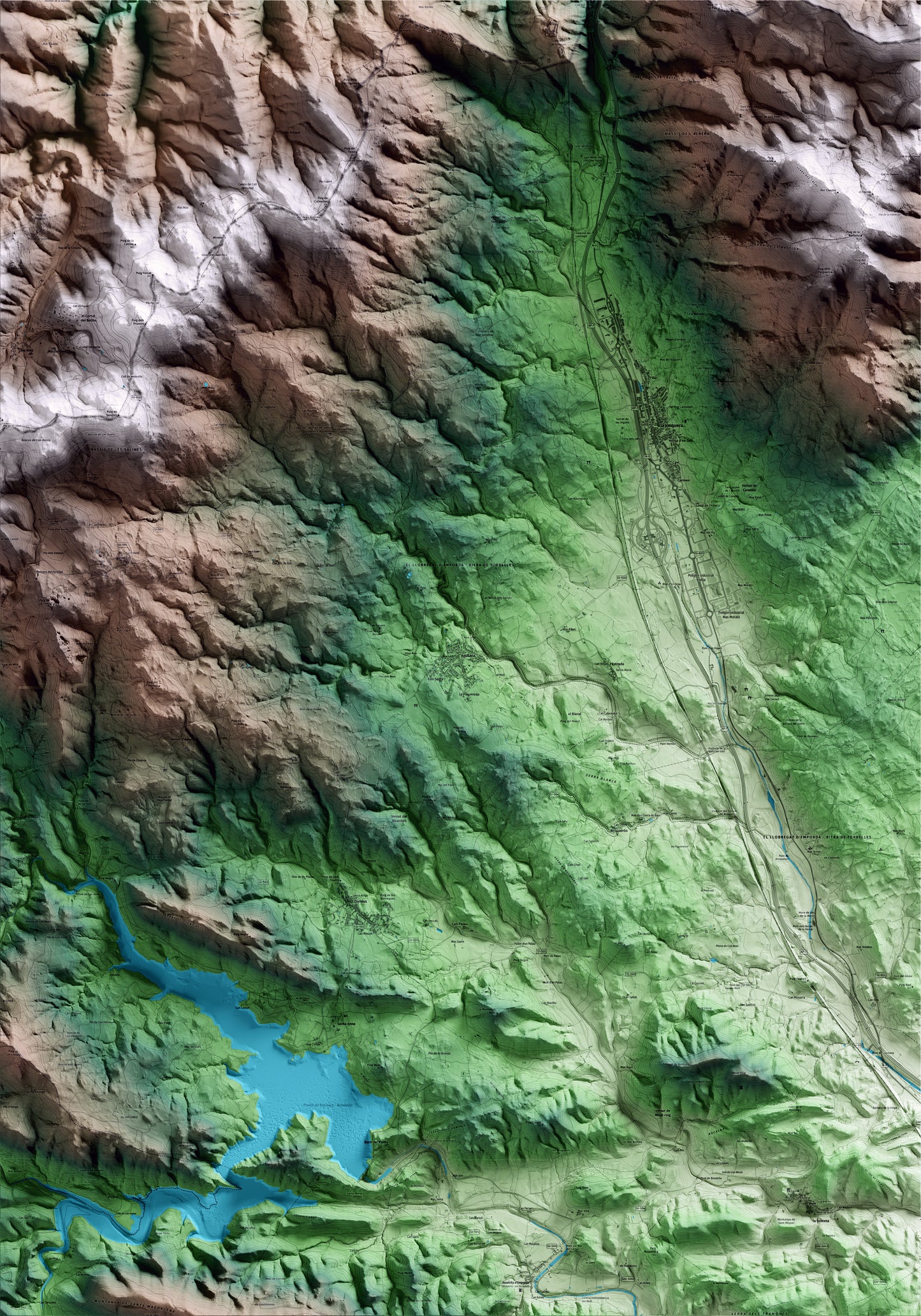 Mapa artístico del relieve de Agullana, al Alt Empordà, con 15 km de entorno y base topográfica ICGC
