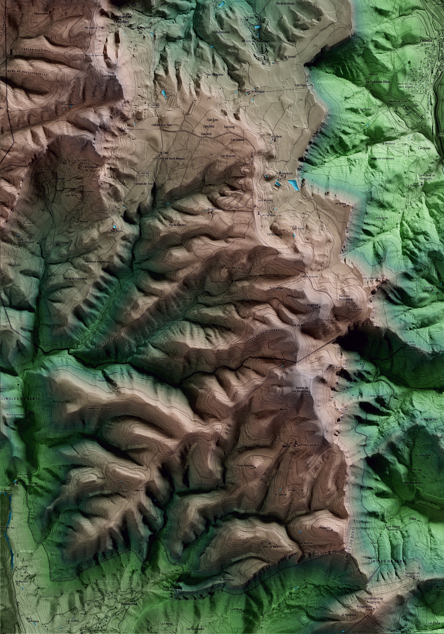 Mapa artístico del relieve de Aiguafreda, a Osona, con 15 km de entorno y base topográfica ICGC. Detalle de la zona inferior izquierda.