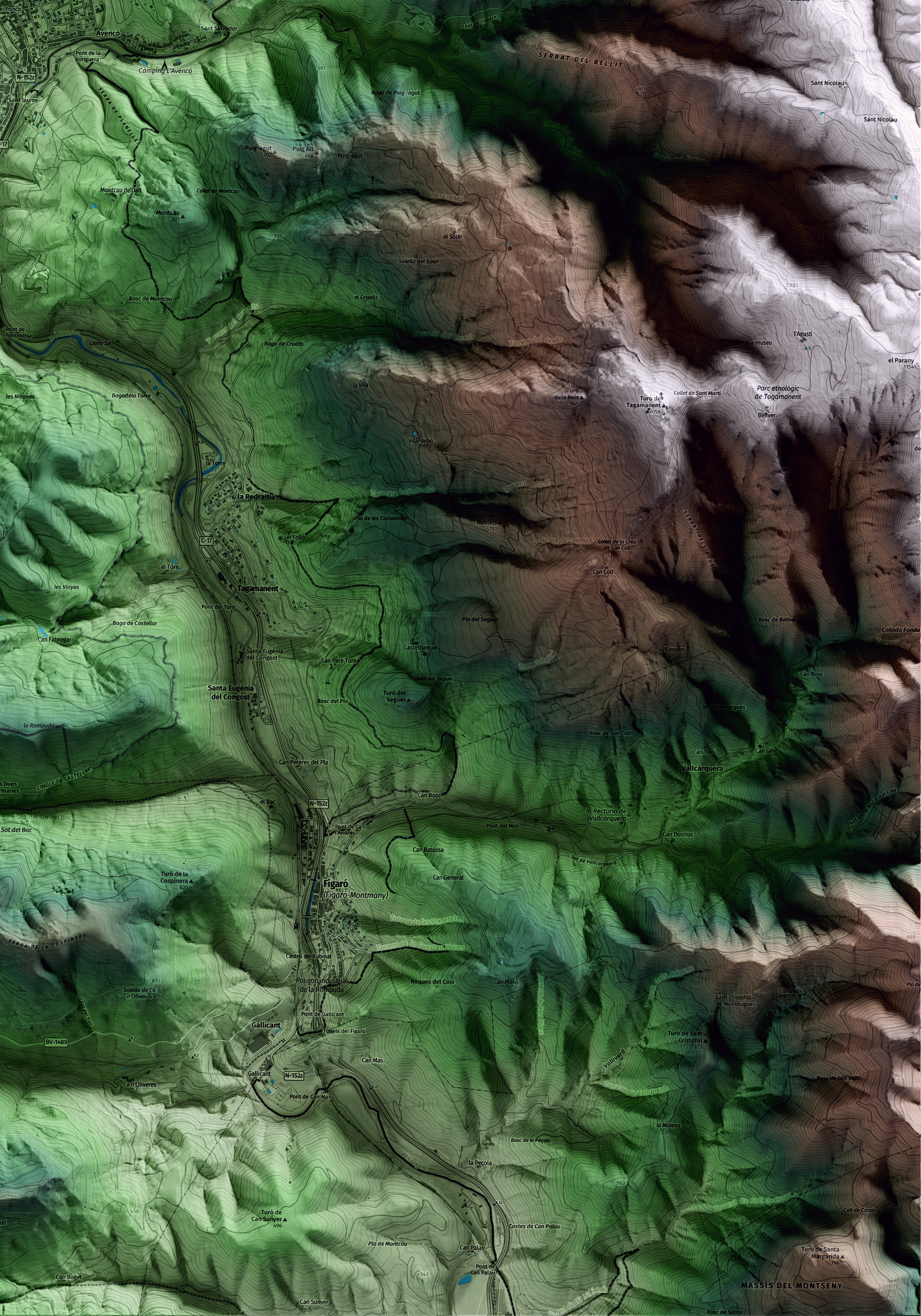 Mapa artístico del relieve de Aiguafreda, a Osona, con 15 km de entorno y base topográfica ICGC. Detalle de la zona inferior derecha.