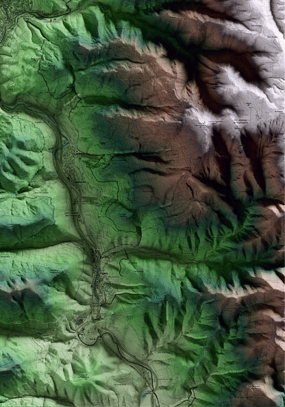 Mapa artístico del relieve de Aiguafreda, a Osona, con 15 km de entorno y base topográfica ICGC. Detalle de la zona inferior derecha.