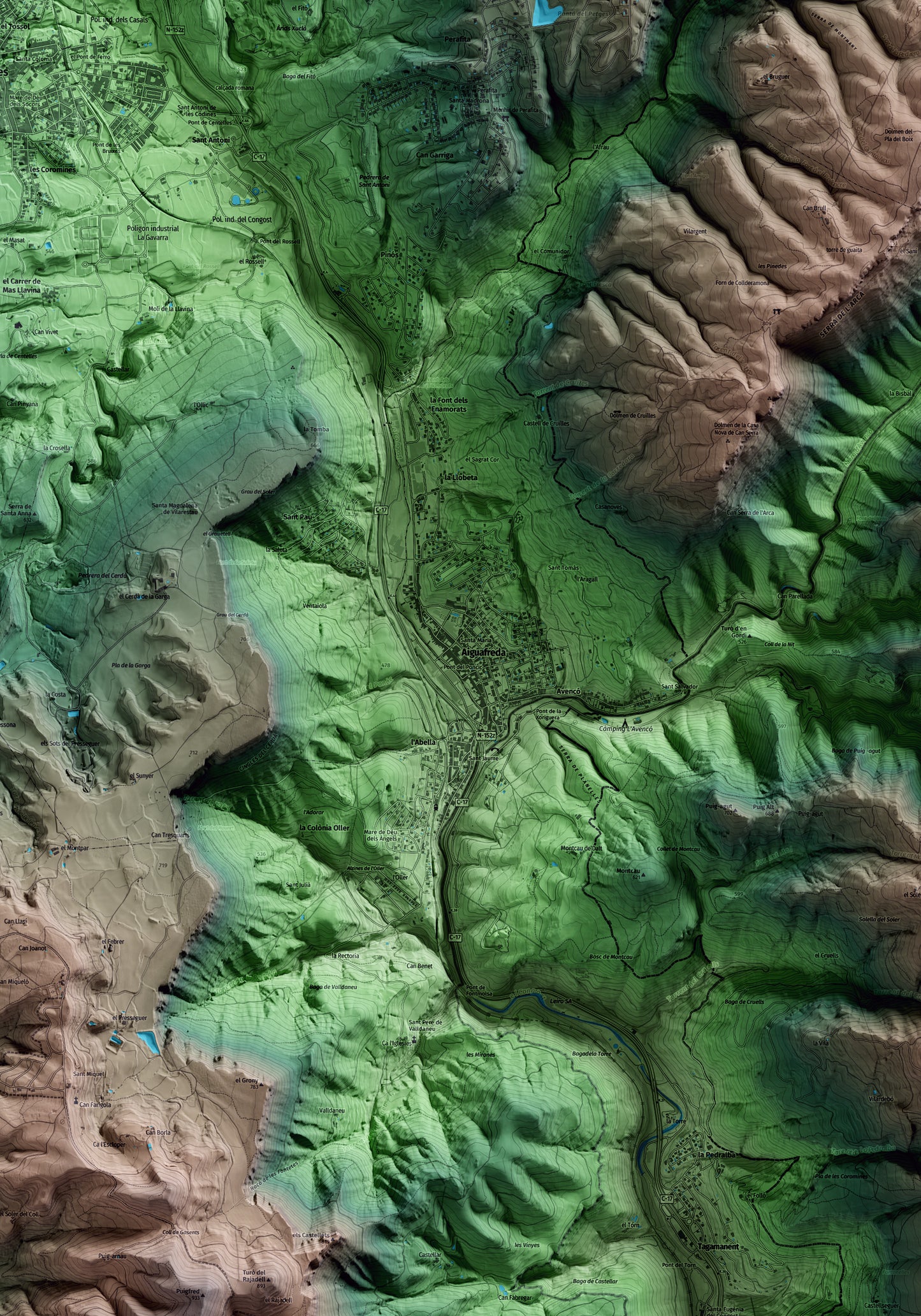 Mapa artístico del relieve de Aiguafreda, a Osona, con 15 km de entorno y base topográfica ICGC. Detalle de la zona central.