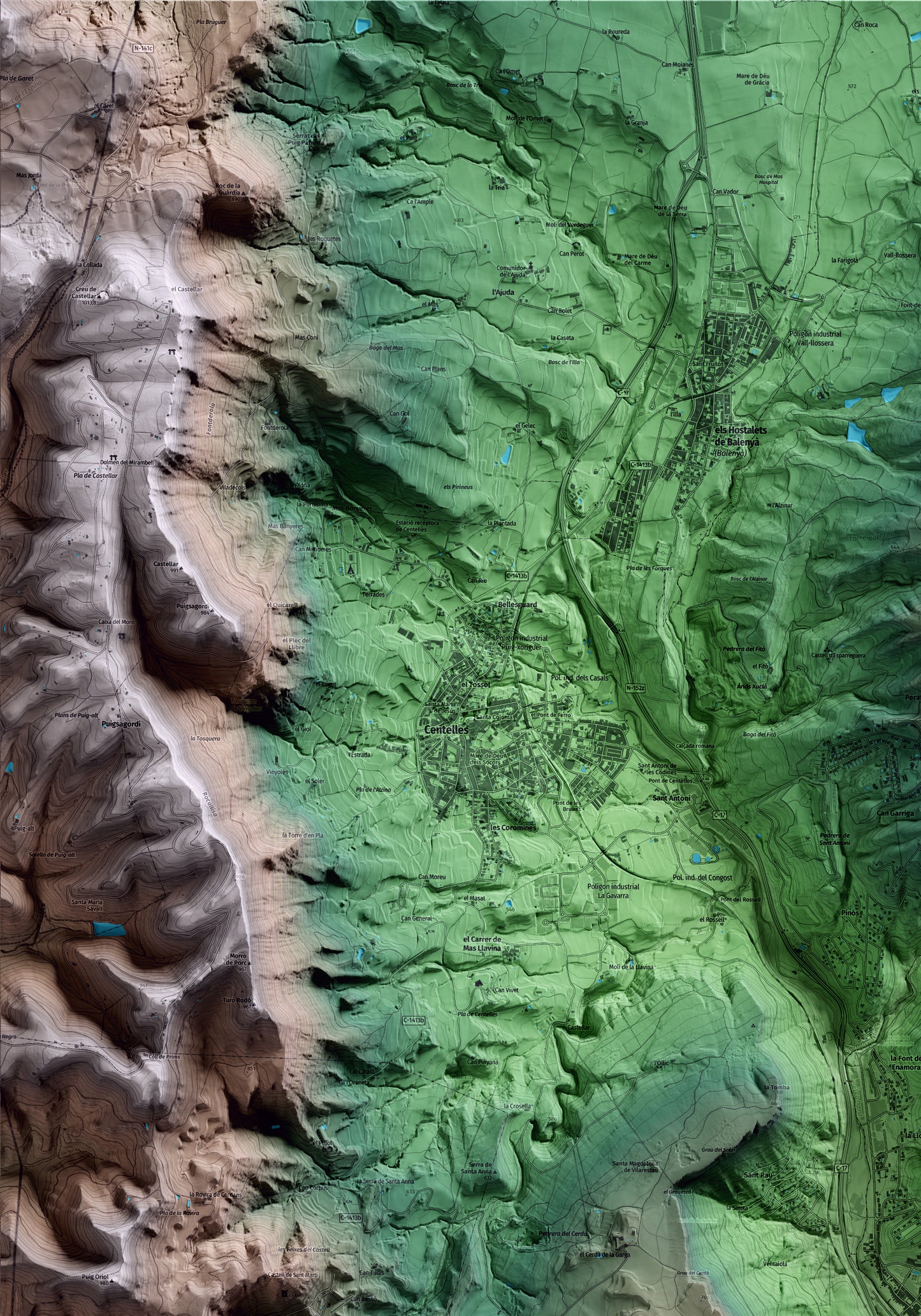 Mapa artístico del relieve de Aiguafreda, a Osona, con 15 km de entorno y base topográfica ICGC. Detalle de la zona superior izquierda.