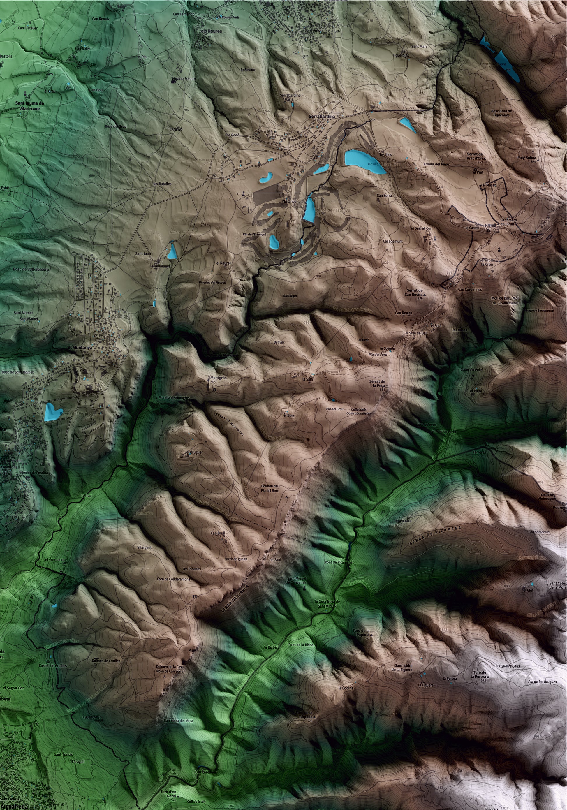 Mapa artístico del relieve de Aiguafreda, a Osona, con 15 km de entorno y base topográfica ICGC. Detalle de la zona superior derecha.