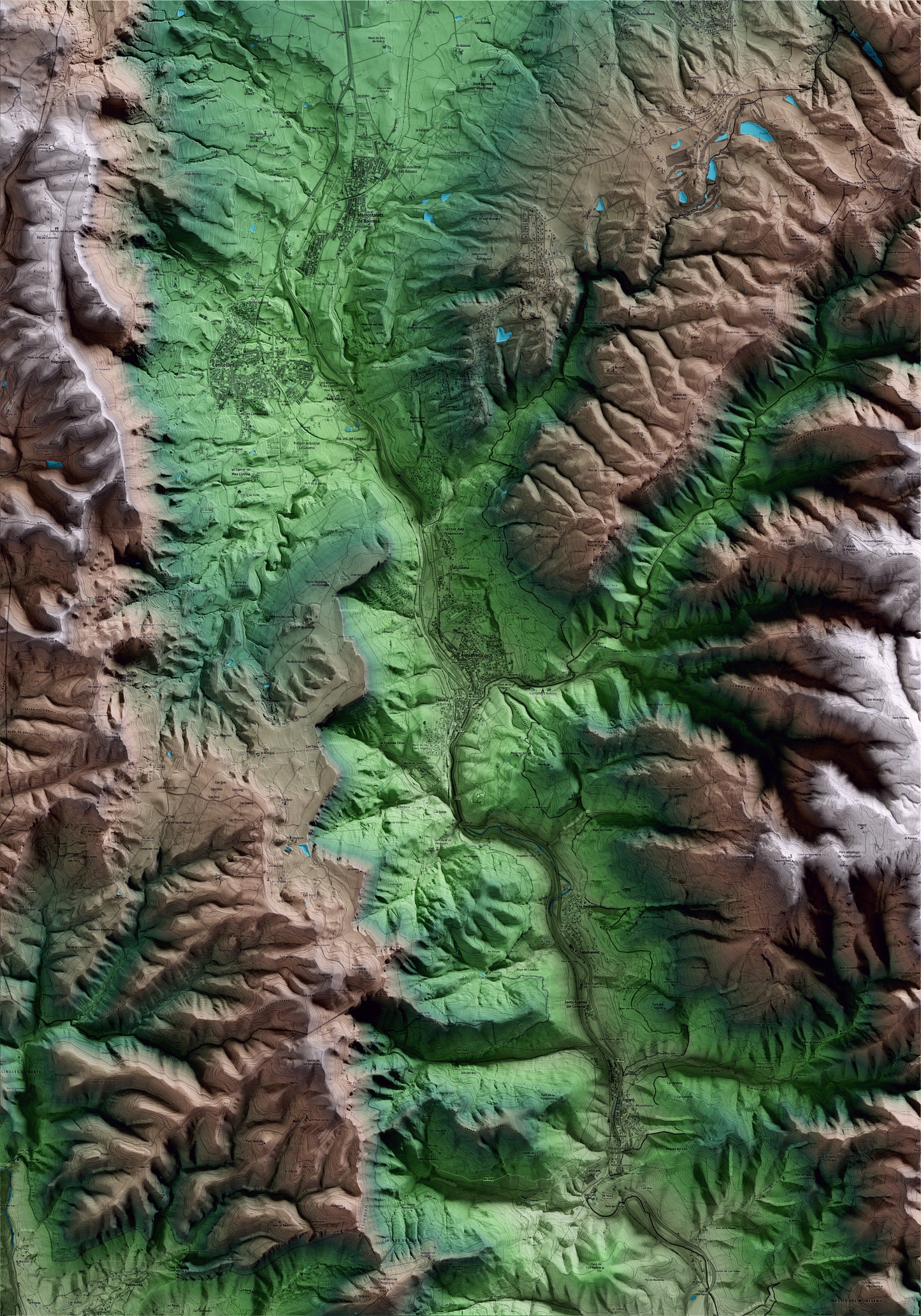 Mapa artístico del relieve de Aiguafreda, a Osona, con 15 km de entorno y base topográfica ICGC