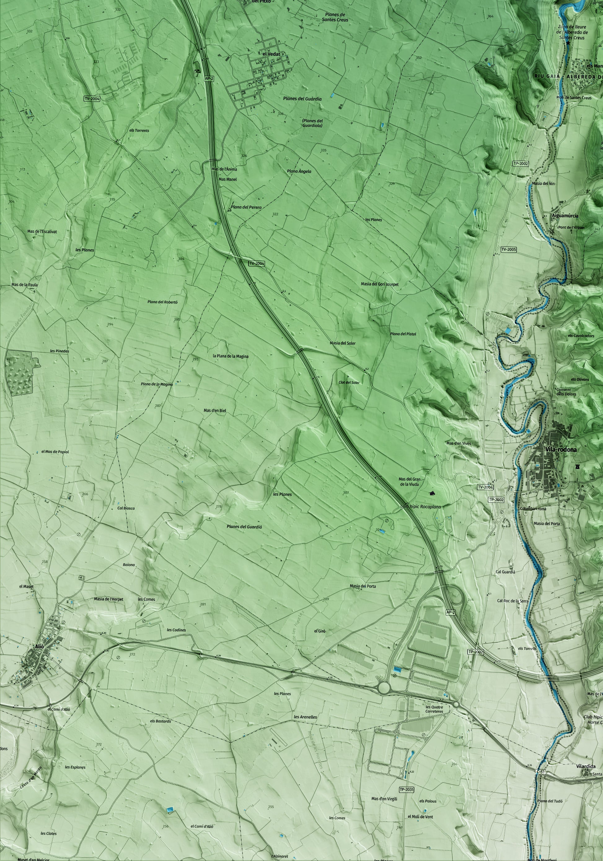 Mapa artístico del relieve de Aiguamúrcia, al Alt Camp, con 15 km de entorno y base topográfica ICGC. Detalle de la zona inferior izquierda.