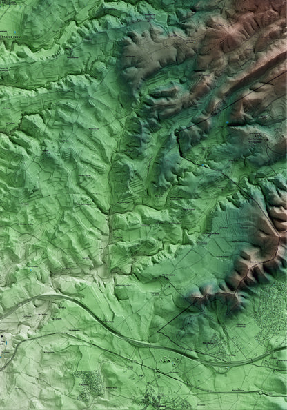 Mapa artístico del relieve de Aiguamúrcia, al Alt Camp, con 15 km de entorno y base topográfica ICGC. Detalle de la zona inferior derecha.