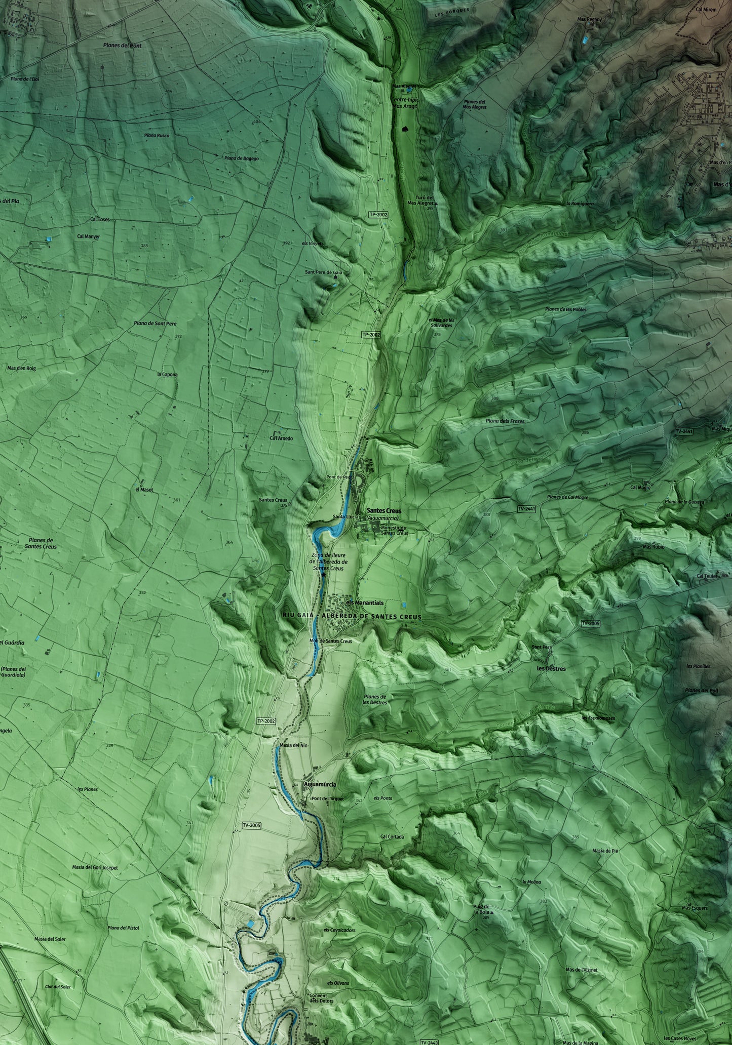 Mapa artístico del relieve de Aiguamúrcia, al Alt Camp, con 15 km de entorno y base topográfica ICGC. Detalle de la zona central.