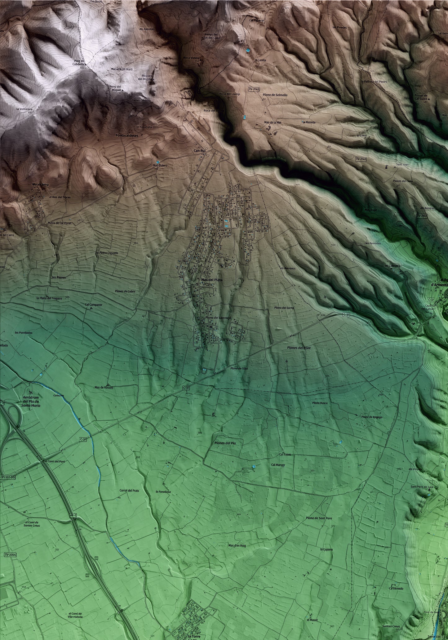 Mapa artístico del relieve de Aiguamúrcia, al Alt Camp, con 15 km de entorno y base topográfica ICGC. Detalle de la zona superior izquierda.