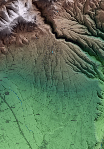 Mapa artístico del relieve de Aiguamúrcia, al Alt Camp, con 15 km de entorno y base topográfica ICGC. Detalle de la zona superior izquierda.