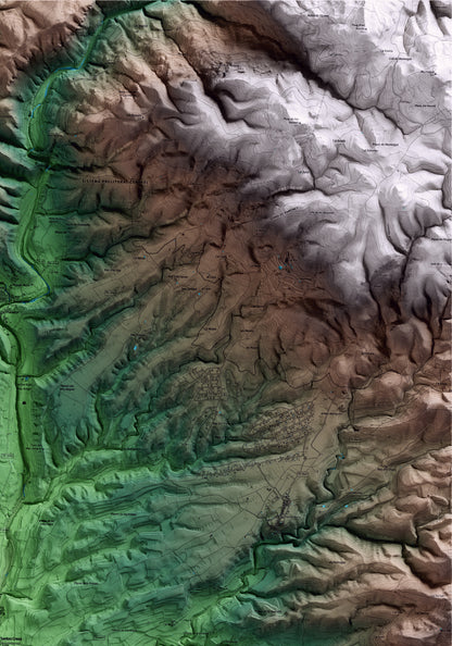 Mapa artístico del relieve de Aiguamúrcia, al Alt Camp, con 15 km de entorno y base topográfica ICGC. Detalle de la zona superior derecha.