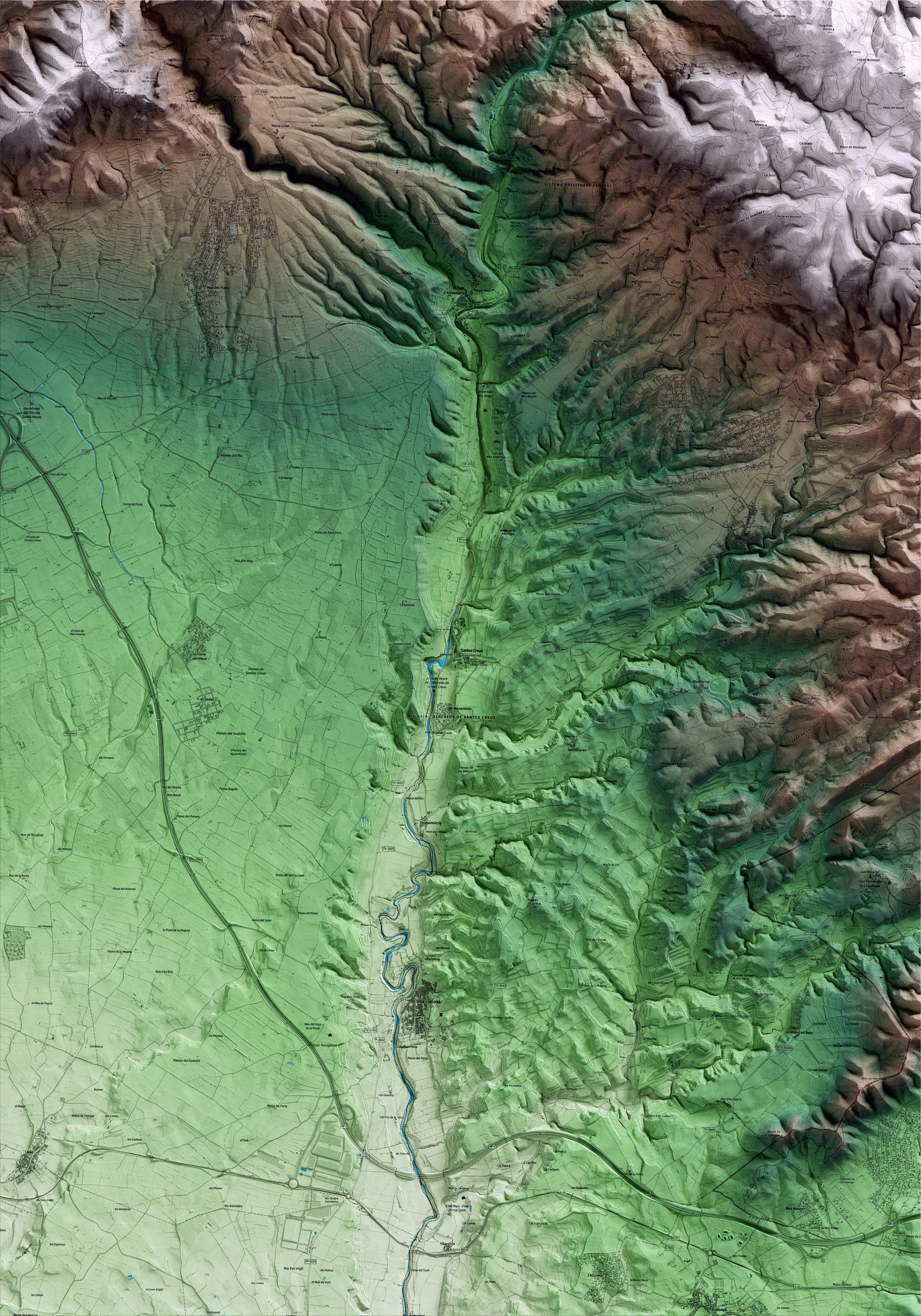 Mapa artístico del relieve de Aiguamúrcia, al Alt Camp, con 15 km de entorno y base topográfica ICGC