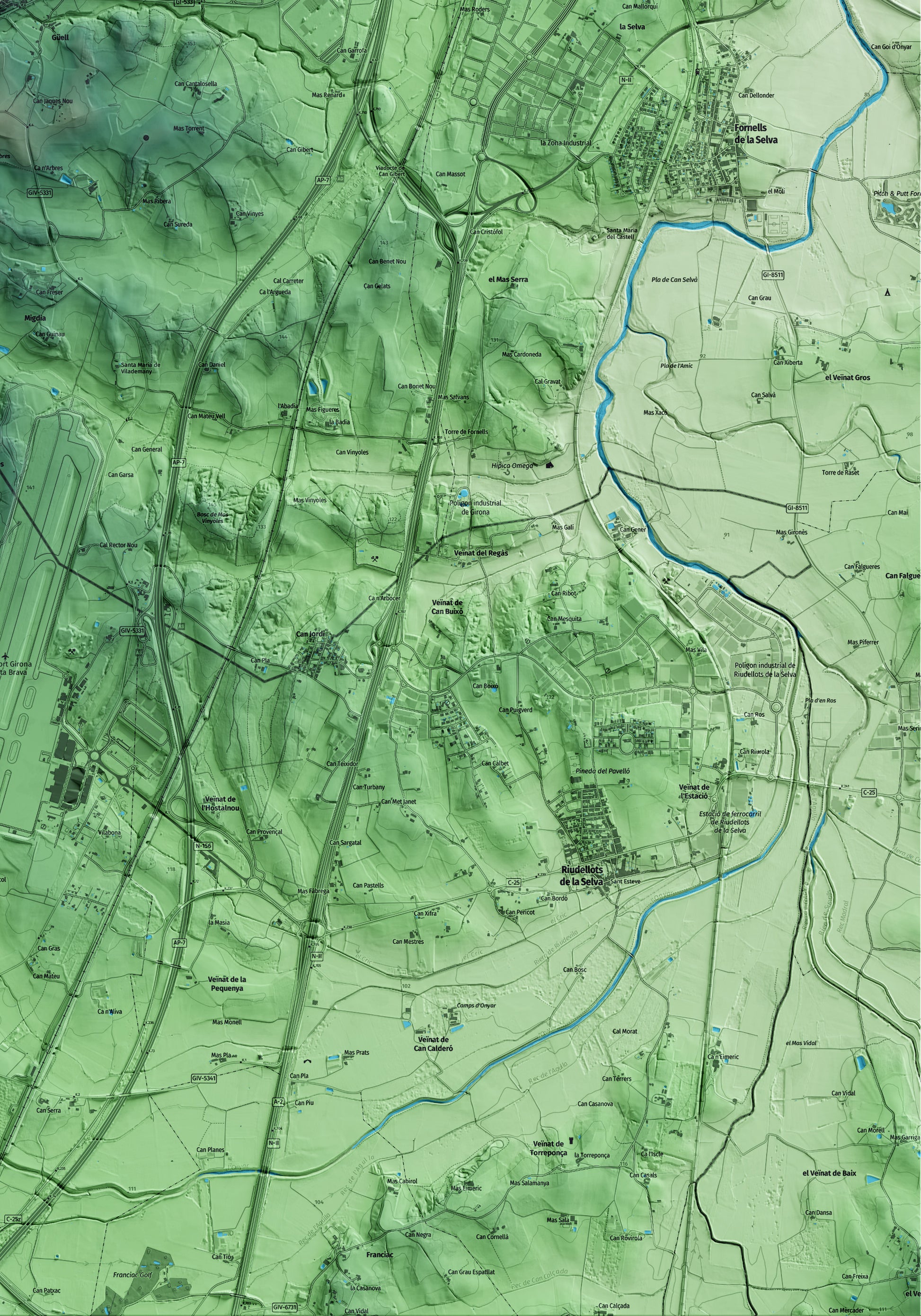 Mapa artístico del relieve de Aiguaviva, al Gironès, con 15 km de entorno y base topográfica ICGC. Detalle de la zona inferior derecha.