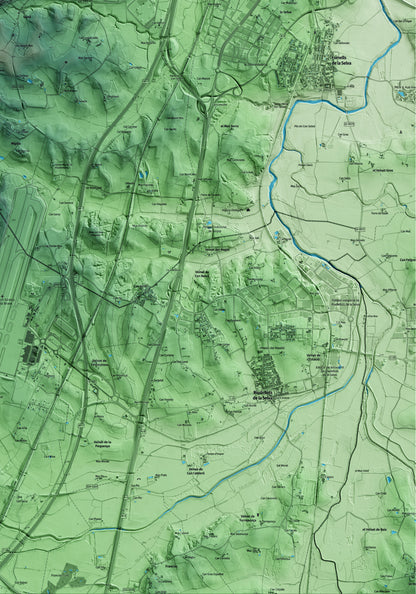 Mapa artístico del relieve de Aiguaviva, al Gironès, con 15 km de entorno y base topográfica ICGC. Detalle de la zona inferior derecha.